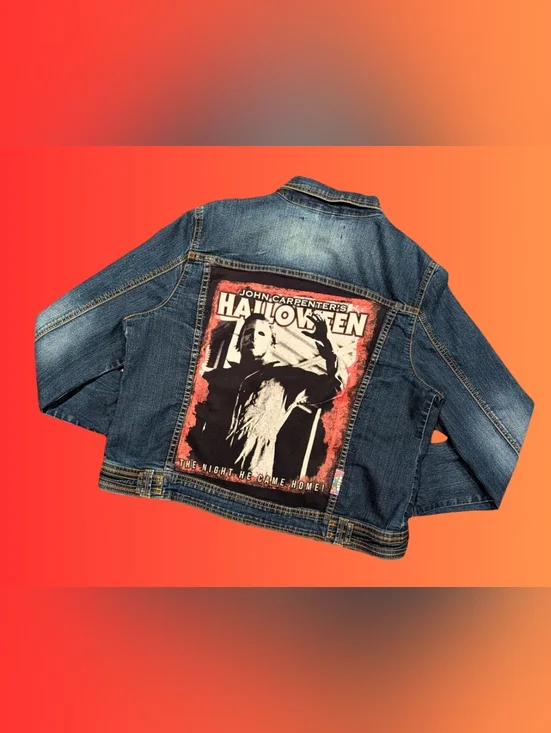 Handmade, Upcycled John Carpenter's Halloween Denim Jacket Size L - Picture 1 of 4